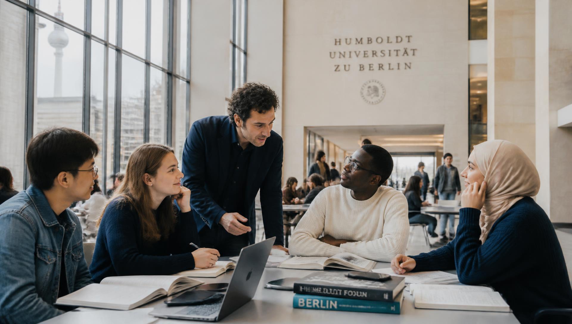 International students in conversation with a teacher in a light-filled Berlin academic atrium