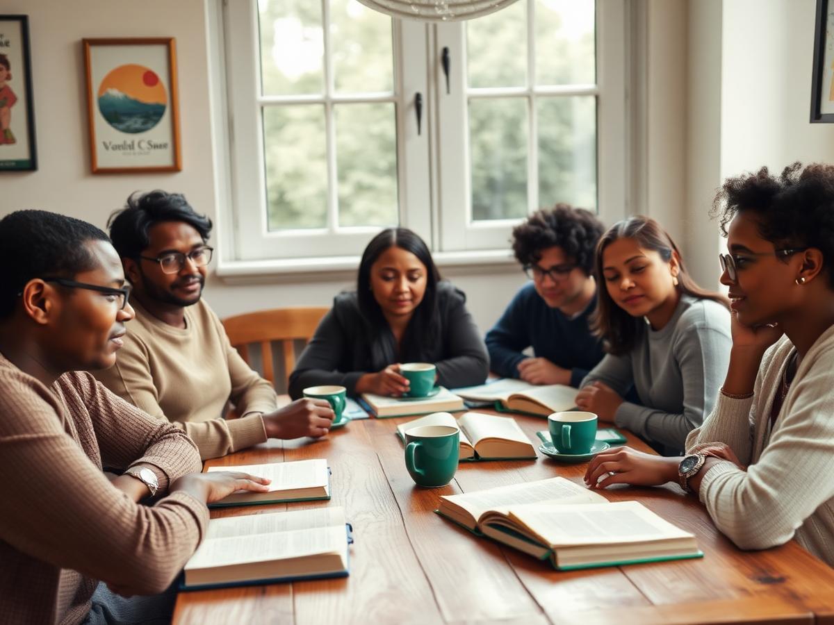 A multicultural language conversation circle around a wooden table
